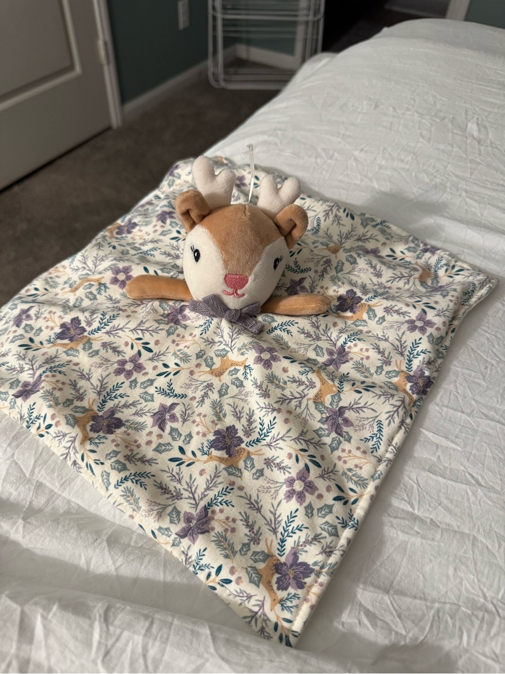 Plush Deer Head Lovey Tan and White with Purple Bow - Picture 6 of 6